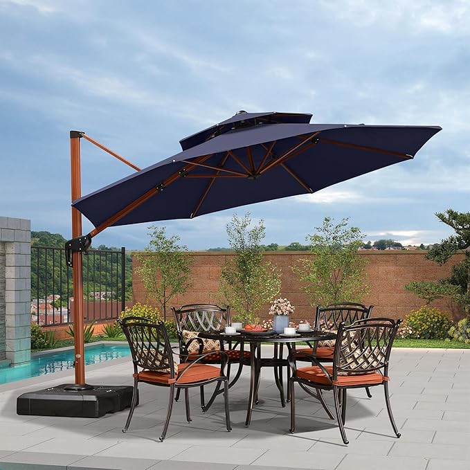 PURPLE LEAF 11 Feet Patio Large Cantilever Umbrella Double Top Deluxe Outdoor Round Wood Pattern Umbrellas Offset Umbrella Heavy Duty Sun Umbrellas for Garden Deck Pool, Spectrum Indigo