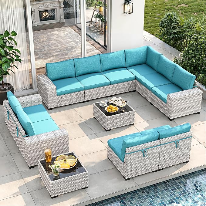 12 Piece Outdoor Wicker Rattan Sectional Sofa Set, 10-Seats Patio Furniture Conversation Set with 4" Thickened Cushions & Coffee Table, All-Weather PE Rattan for Garden, Backyard, Porch, Turquoise