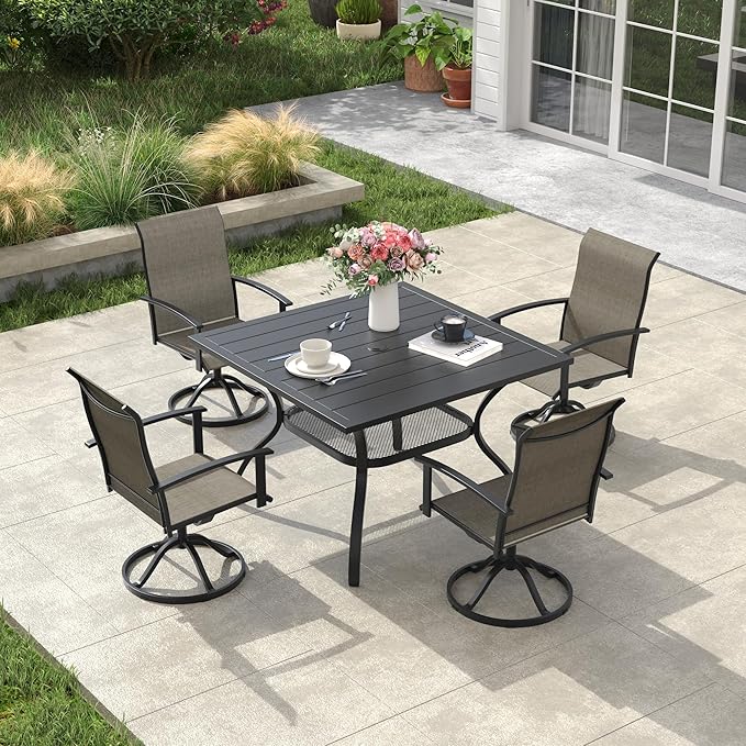 VICLLAX Outdoor Table and Chairs Set for 4, Patio Dining Set of 37.8" Metal Square Patio Table with Umbrella Hole & 4 Swivel Outdoor Dining Chairs for Backyard Lawn, Mixed Brown & Black