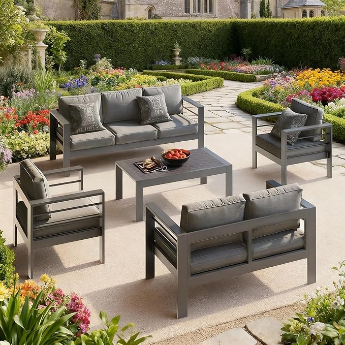 Outdoor Conversation Sets, Aluminum Patio Couch with Outdoor Coffee Table, All-Weather Metal Patio Couch with 5" Thick and Soft Cushion and Wide Arm, Outdoor Sofa Sets for Balcony, Porch, Dark Gray
