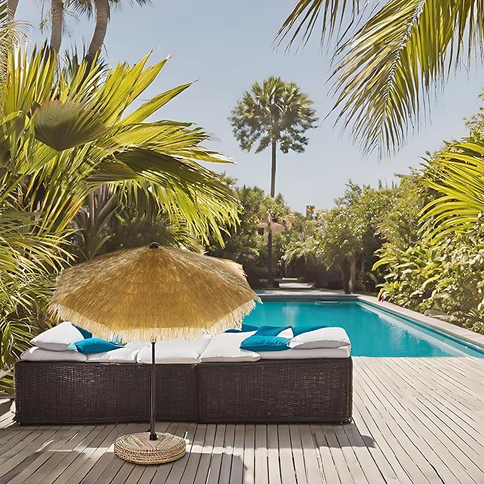 Hula Thatched Tiki Umbrella Tropical Palapa Raffia Tiki Hut Hawaiian Patio Umbrella with Fringe Boho Parasol 6' 8' & 9' Options