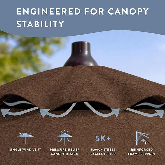 California Umbrella 12-Year Protection 7.5-Ft Outdoor Patio Umbrella, Sunbrella Fade-Resistant Fabric, Auto-Tilt, Heavy Duty Aluminum Frame, 8 Reinforced Ribs for Pool or Deck, Bronze Pole, Teak