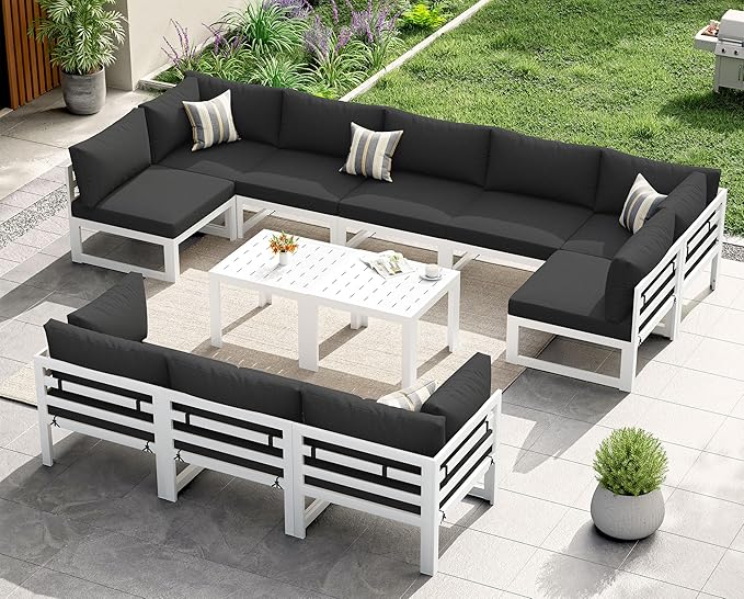 NICESOUL 12 Piece Modern Aluminum Outdoor Patio Furniture Set with Coffee Table, Extra Large L Shaped Modular Sectional Couch, 29" Wide Deep Seating Conversation Sofa for Terrace Exterior, Black