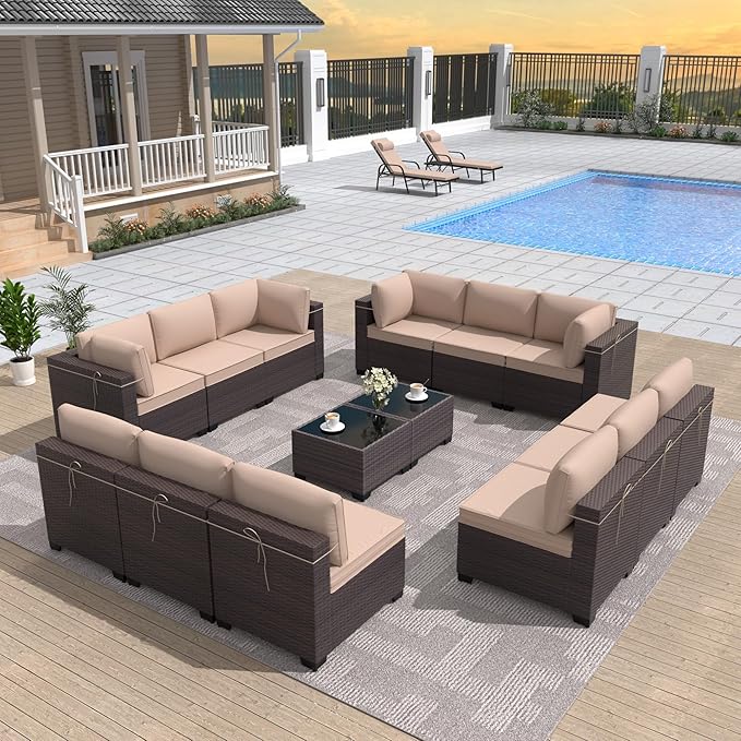ALAULM 14 Pieces Patio Furniture Set Wicker Patio Conversation Set, Outdoor Sectional Furniture w/Coffee Table & Washable Seat Cushions-Sand
