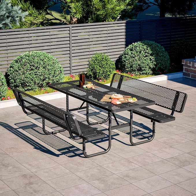 72" Heavy-Duty Iron Mesh Picnic Table Set with Backrest Black | 1.73'' Umbrella Hole, Commercial-Grade Outdoor Table for Patio, Garden or Park–Rust-Resistant, Heat-Proof, All-Season Use