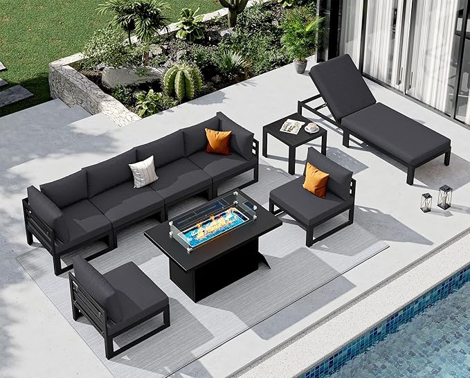 NICESOUL 9 Piece Luxury Aluminum Outdoor Sectional Sofa with Chaise Lounge & Firepit, Large Modular Patio Furniture Set, 29" Deep Wide Seating, 500 lbs Heavy Duty Conversation Set for Deck, Dark Gray