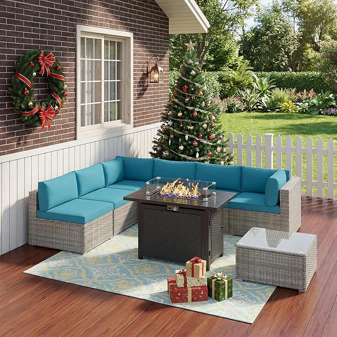 8 Pieces Outdoor Patio Furniture Set with 43" Fire Pit Table, Wicker Outdoor Patio Sectional Sofas Coffee Table, All-Weather Patio Conversation Set with Cushions for Garden Backyard, Light Blue