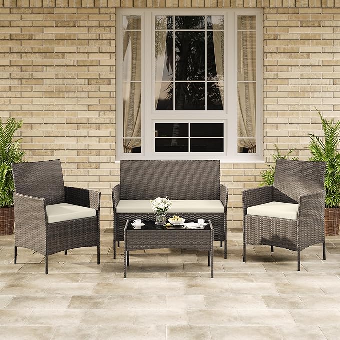 4-Piece Outdoor Furniture Set, PE Rattan Wicker Chairs with Soft Cushions & Tempered Glass Coffee Table - All-Weather Patio Set for Garden, Backyard, Porch, Poolside (Brown/Beige)