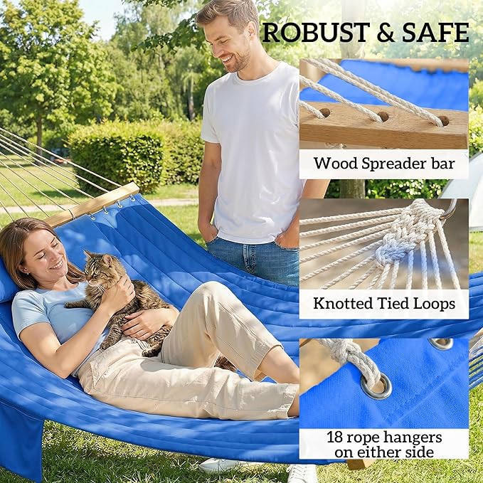 Outsunny Outdoor Hammock, 2-Person Hammock with Head Pillow and Pad, Wood Spreader Bars, 440 lbs Capacity, for Patio Yard Garden, 128" x 55", Navy Blue