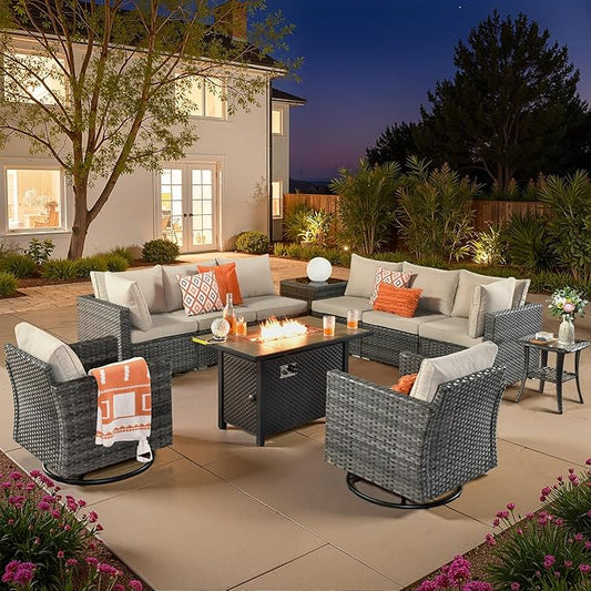 11 PCS Outdoor Patio Furniture Sets with 42'' Fire Pit Table,Wicker Weather Resistant Patio Conversation Set with 2 Wicker Rocking Chair,Modular L Shaped Sofa with Coffee Table for Yard,Beige