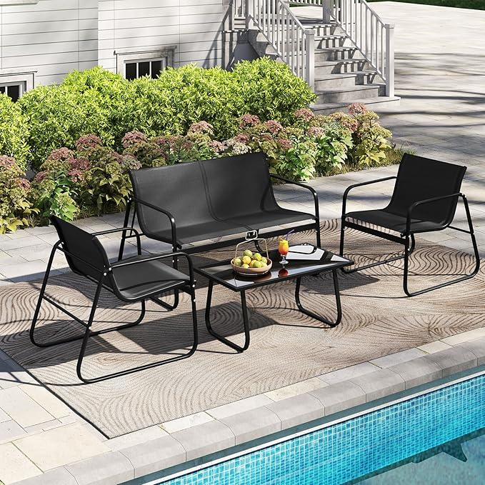 Tangkula 8 Piece Patio Furniture Set, Outdoor Metal Conversation Chair & Coffee Table Set with Mesh Seat Fabric & Tempered Glass Tabletop, Outside Bistro Set for Backyard, Porch, Poolside (Black)