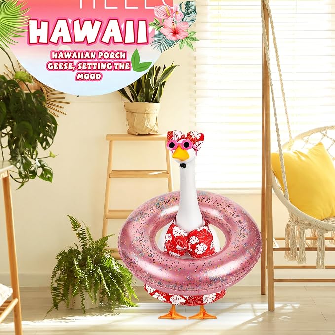 Bikini Porch Goose Outfits with Sunglasses and Swimming Tube for 23" Summer Goose Costume Garden Patio Statue Decor(Hot Pink Monstera)