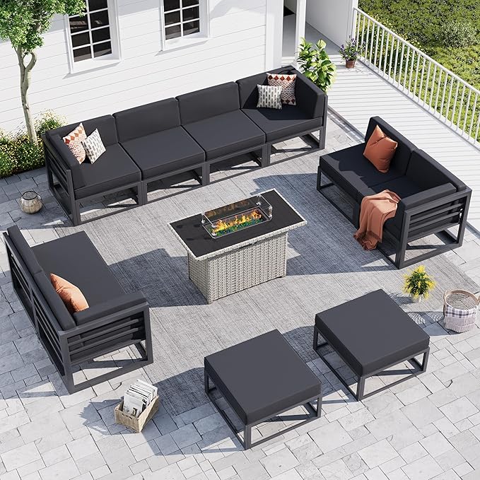UDPATIO Aluminum Patio Furniture Set with Fire Pit Table, Modular Oversized Outdoor Sectional of Olefin 5 inch Cushion, Coffee Table and Waterproof Cover, Patio Conversation Sets for Porch, Deck