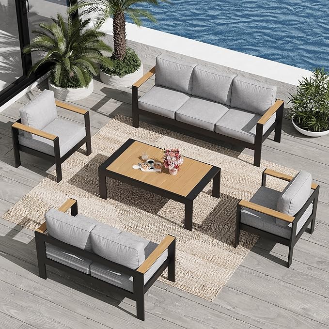 Aluminum Outdoor Patio Furniture Sets, 5 Piece Metal Patio Conversation Sets with Coffee Table with 5 Inch Cushion for Garden Backyard Deck
