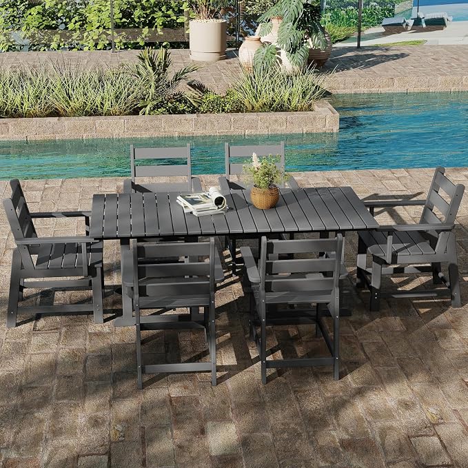 GREENVINES 7-Piece-Outdoor-Table-and-Chairs | HDPE | Patio Furniture | Dining Sets for 6 | Removable Armrests | All Weather | Connectable Tables | for Backyard Poolside Garden | Grey