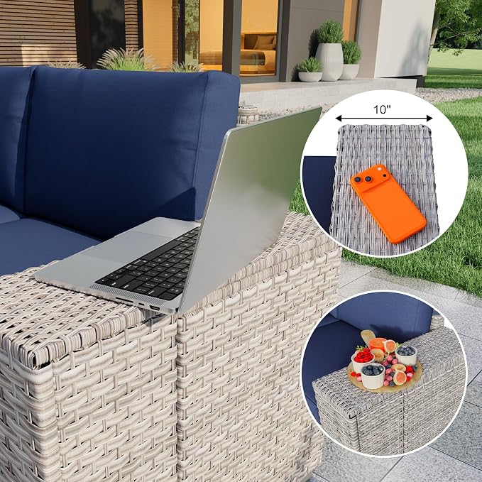 12 Pieces Patio Conversation Set, Rattan Furniture Set with Wide Armrests and Coffee Table, Outdoor Modular Sectional Couch Wicker Sofa for Garden Backyard Balcony Porch Deck (Blue Cushions)