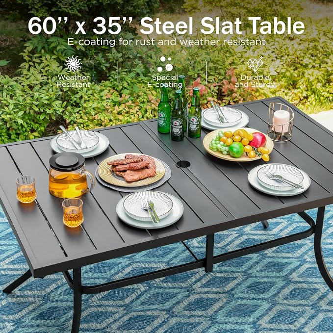 PHI VILLA 7 Piece, Outdoor Dining Set, 59"x36" Table, Umbrella Hole, Black | Wrought Iron, Swivel Chairs, Metal Chairs, Cushions, Weather-Resistant, 300+ lbs Capacity