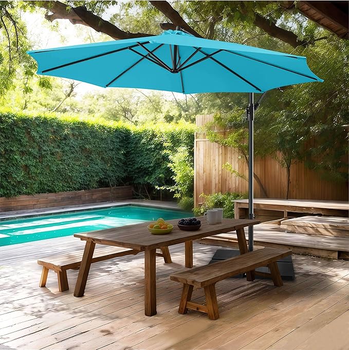 FLAME&SHADE 10ft Cantilever Patio Umbrella Outdoor, Large Offset Umbrella with Crank and Cross Base, UPF 50+ UV Protection Hanging Umbrella for Pool Deck Garden, Aqua Blue