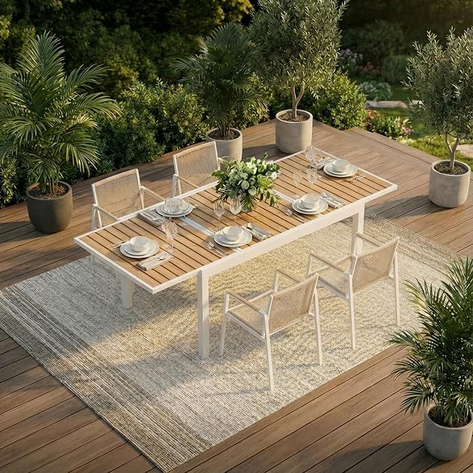 ZANDOR Expandable Outdoor Dining Set for 4-6-8,Patio Table and Chairs Set with Wood Top for Garden,Backyard,Porch,55"-82.7" Extendable Aluminum Outdoor Table Set with 6 Chairs,White
