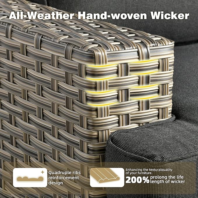 Outdoor Sectional Patio Furniture Set,6 Pieces Wicker Conversation Sets L Shaped Couch,Outdoor Sofa Outside Furniture with Solar-Powered Coffee Table(Black)