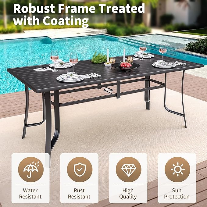 BUPPLEE 9-Piece Outdoor Patio Dining Set with 8 Stackable Dining Chairs, Metal Table with Umbrella Hole, 8-Person Patio Table and Chairs for Backyard, Poolside, Balcony and Garden Blue