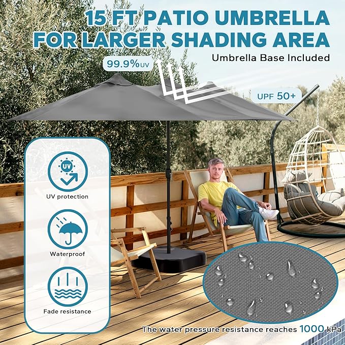 15ft Outdoor Market Umbrella with Base Included, Large Double-sided Pool Umbrella with Crank Handle, Garden, Backyard (Grey)
