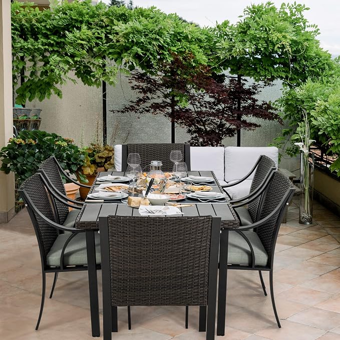 HAPPATIO Patio-Dining-Table-Outdoor-Furniture for 6, Patio Furniture Size 60 x 35 x 28.5, with Umbrella Hole Dia 2"
