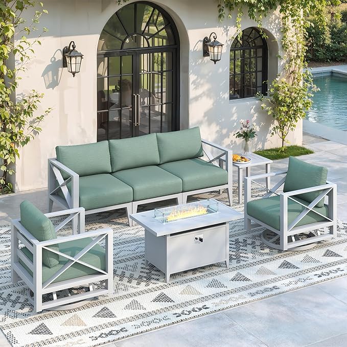 Aluminum 5-Seats Outdoor Patio Furniture Set with 43" Fire Pit Table, Sectional Conversation Sofa with 5.2" Thick Cushions & Swivel Rocking Chairs, Rust-Resistant Frame Sofa for Porch, Backyard, White