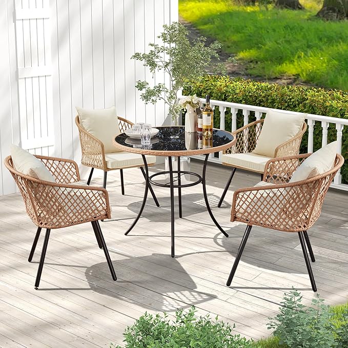 ECOTOUGE 5 Piece Patio Dining Set, Wicker Outdoor Furniture Set w/Glass Round Table, 4 PCS Chairs w/Waterproof Cushions for Backyard Garden Deck, Yellow/White