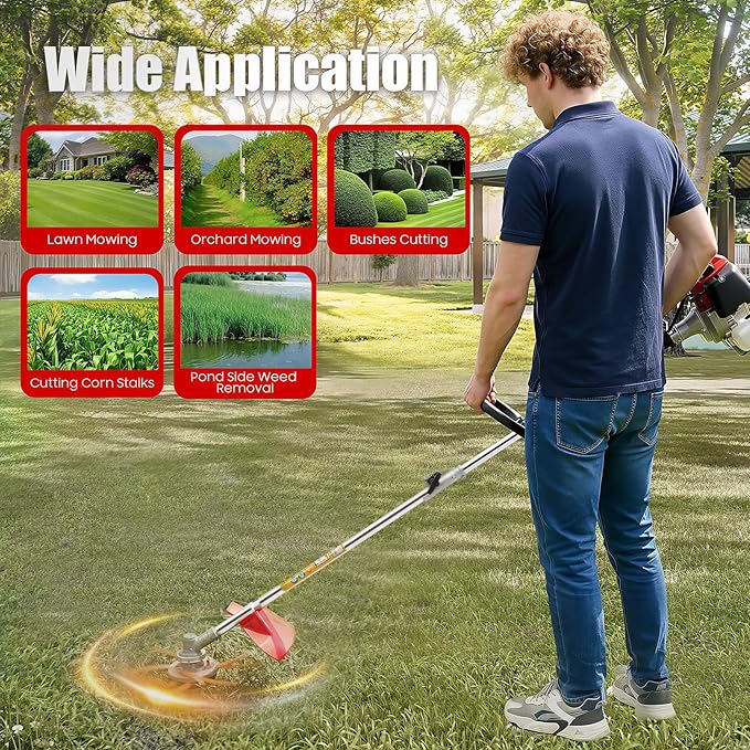 Gas Powered Weed Eater, 26cc 2-Stroke Cordless Lawn Edger Gas String Trimmer with Two Blade Heads, Trimmer Power Gasoline Chainsaw for Home Lawn, Orchard Mowing, Tea Garden Mowing