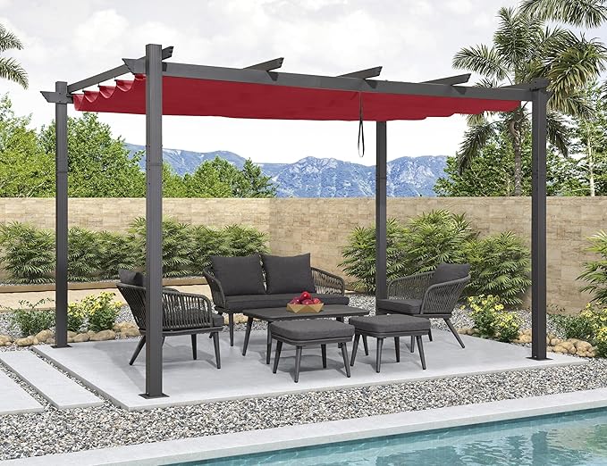 PURPLE LEAF 10'x13' Outdoor Retractable Pergola with Sun Shade Canopy Patio Metal Shelter for Porch Beach Pavilion Grill Gazebo Modern Backyard Grape Trellis Pergola, Terra