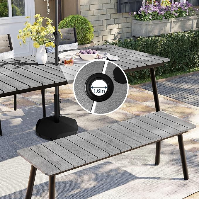 Pellebant 95" Patio Outdoor Dining Table for 8-10, Weather-Resistant Aluminum Frame with Wood-Grain Top & Umbrella Hole for Deck Gatherings, Grey