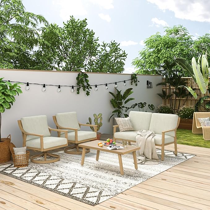 HAPPATIO 4-Piece Patio Furniture Set - Outdoor Aluminum Patio Conversation Set Includes 1 Loveseat, 2 Swivel Chairs, and 1 Coffee Table, Perfect for Porch, Deck, Garden, (Beige)