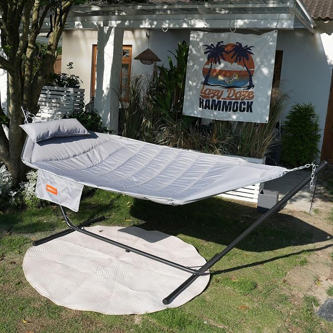 Lazy Daze Hammocks Hammock with Stand for Outside, Quilted Hammock with Detachable Pillow, Tool-Free Assembly, 450lb Capacity for Backyard, Patio, Light Grey