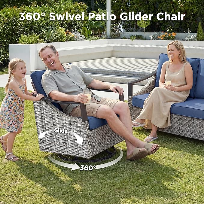 9 Piece Outdoor Patio Furniture Sets-High Back Wicker Swivel Rocker Patio Chairs Set of 4 with Thick Cushions Ottomans, Outdoor Sofa, Patio Conversation Sets for Porch Balcony Patio Deck Grey/Blue