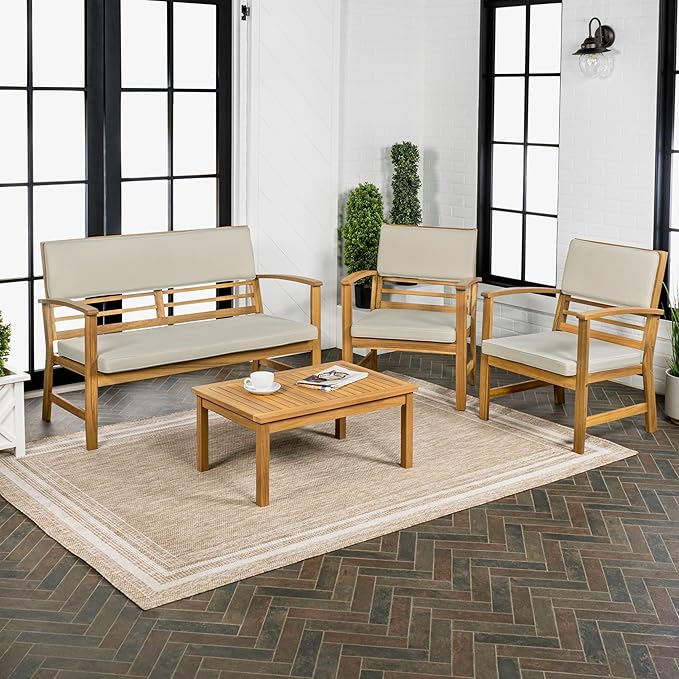 JONATHAN Y LVG1000A-4SET Barclay 4-Piece Modern Coastal Acacia Wood Conversation Outdoor Patio Set with Cushions Transitional, Classic, Traditional, Vintage, Mid-Century, Light Gray/Teak Brown