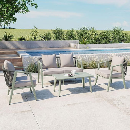 GDFStudio Aoxwe 4 Piece Outdoor Conversation Set, Rope Woven Club Chairs, Woven Open Back Loveseat, Slats Panel Design Coffee Table, Iron Frame Sectional Conversation Set for Poolside, Green