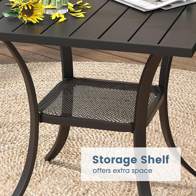 DIFY 3-Piece Outdoor Patio Bistro Dining Set, Black Small Square Dining Table & 2 Brown Stackable Metal Chairs with Breathable Fabric, Outdoor Furniture Set for Balcony, Porch, and Deck
