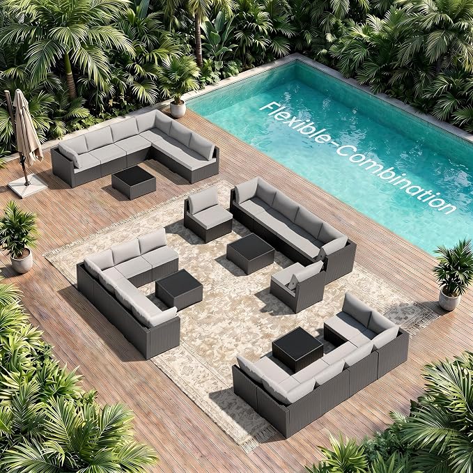 Patio Furniture Set - All-Weather - 7 Piece Patio Outdoor Conversation Set, Modular Wicker Rattan Sectional Sofa for Backyard, Garden, Poolside, Balcony, Porch, Patio,Black/Light Gray