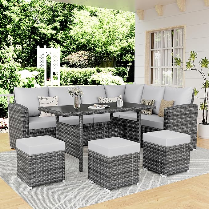 GAOMON Outdoor Patio Furniture Sets, PE Rattan Furniture Sectional Sofa Set with Storage Table, Patio Conversation Sets with Water-Repellent Cushions for Backyard, Deck, Poolside (9 Seat Gray/Gray)