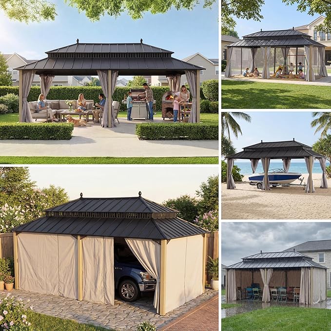 SUNJOY Kingston 20' x 12' Hardtop Wood Gazebo with Galvanized Steel Double Roof, Curtain and Netting, Cedar Posts Permanent Pavilion Gazebo for Garden, Patio, Deck, Lawn