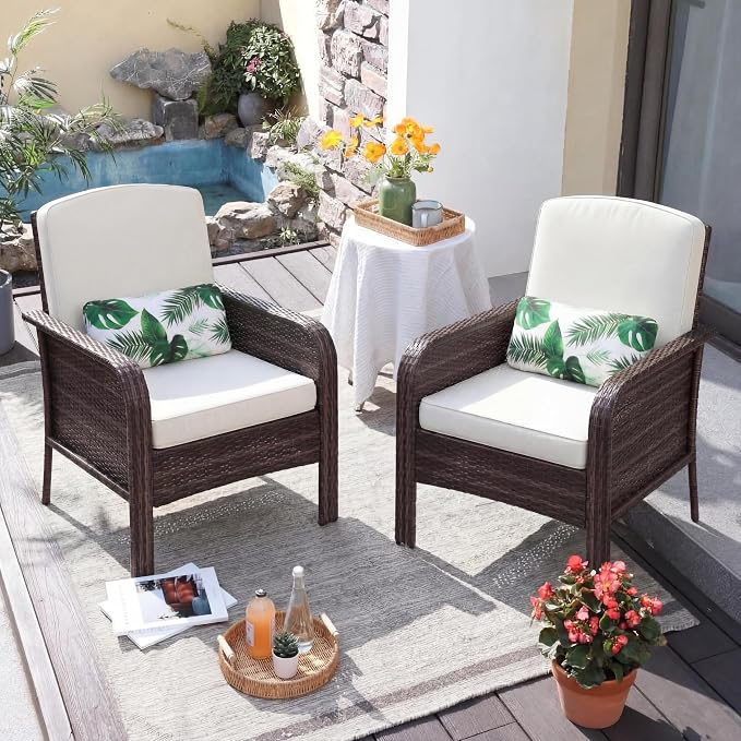 GarveeTech Outdoor Wicker Chairs,2-Piece Brown Patio Furniture Set, All-Weather High-Back Rattan Chair with Thick Cushions for Deck, Porch, Balcony, Backyard, Garden(Brown Wicker with Beige Cushions)
