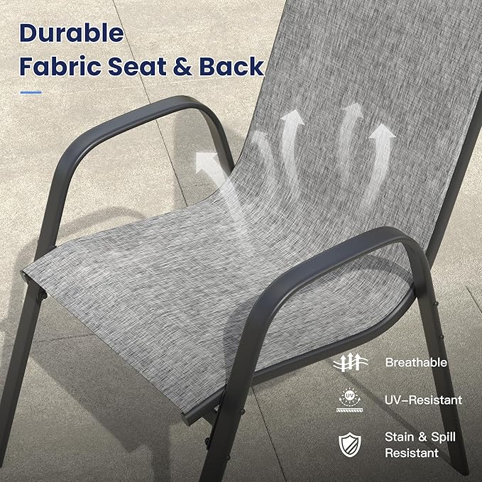 VICLLAX Square Outdoor Patio Dining Set, Metal Slatted Patio Table with Umbrella Hole and 4 Stackable Patio Chairs for Deck Lawn Garden, Grey Fabric and Antique Grey Tabletop