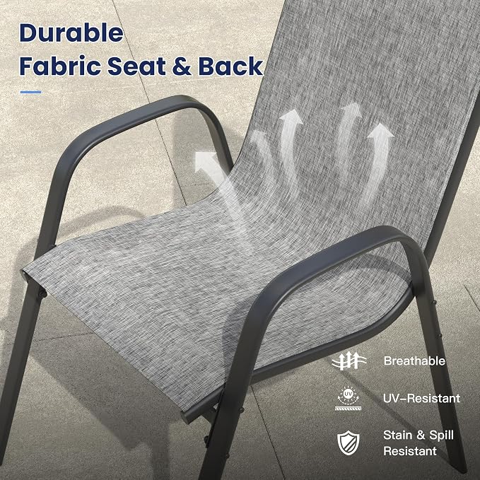 VICLLAX Round Outdoor Patio Dining Set for 8, Metal Slatted Patio Table with Umbrella Hole and 8 Stackable Patio Chairs for Deck Lawn Garden, Grey Fabric and Dark Grey Tabletop