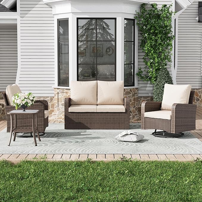 HOMREST 4 Piece Wicker Patio Furniture Set, 360 Degree Outdoor Swivel Patio Chairs w/Coffee Table and Loveseat, Small Patio Furniture Set for Garden, Deck and Poolside (Khaki)