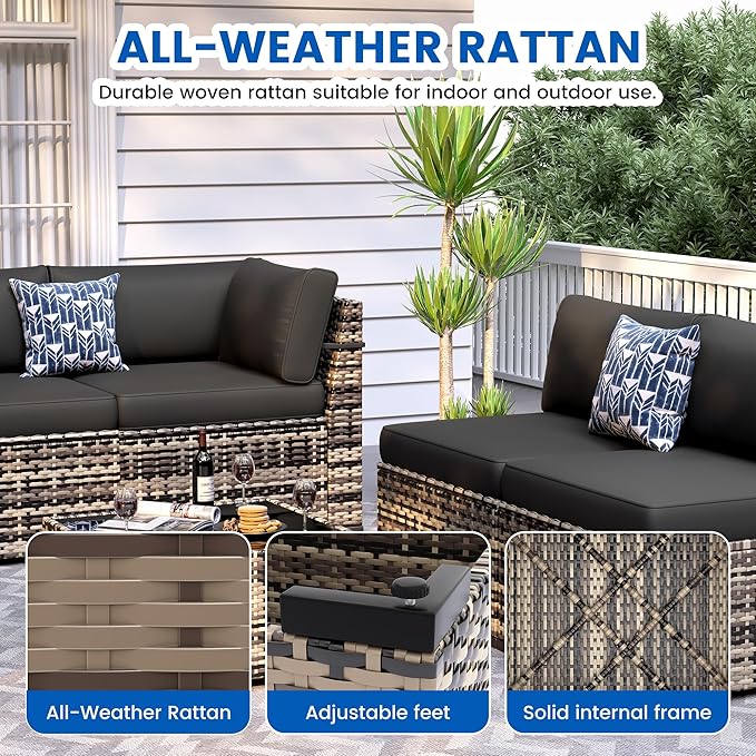 8-Piece Patio Furniture Set with 44” Fire Pit Table - All-Weather Wicker Conversation Sectional Sofa & Coffee Table with Thickened Cushions for Backyard, Garden(Black)