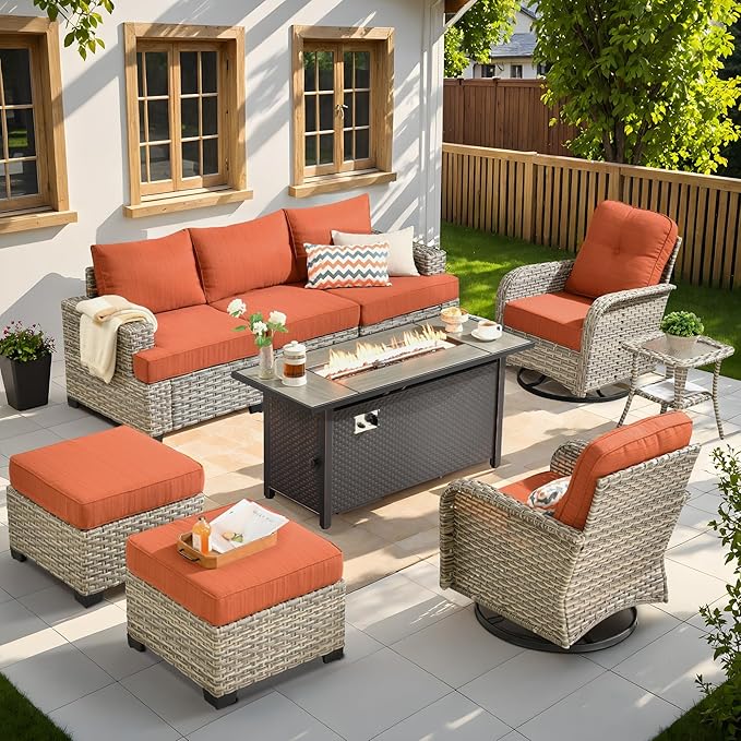 9 Pcs Outdoor Sectional Patio Furniture Set with Fire Pit Table and Swivel Rocking Chairs - All Weather Wicker Modular Outside Sectional Sofa Couch,Patio Seating Outdoor Conversation Sets,Orange Red