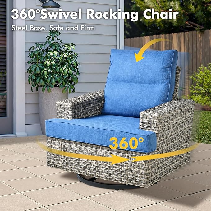 Weaxty 9 Pieces Patio Furniture Set, Outdoor Sectional Furniture Sofa Set w/Swivel Rocking Chairs Coffee Table, PE Wicker Modular Couch Conversation Set for Backyard Garden,Sapphire Blue