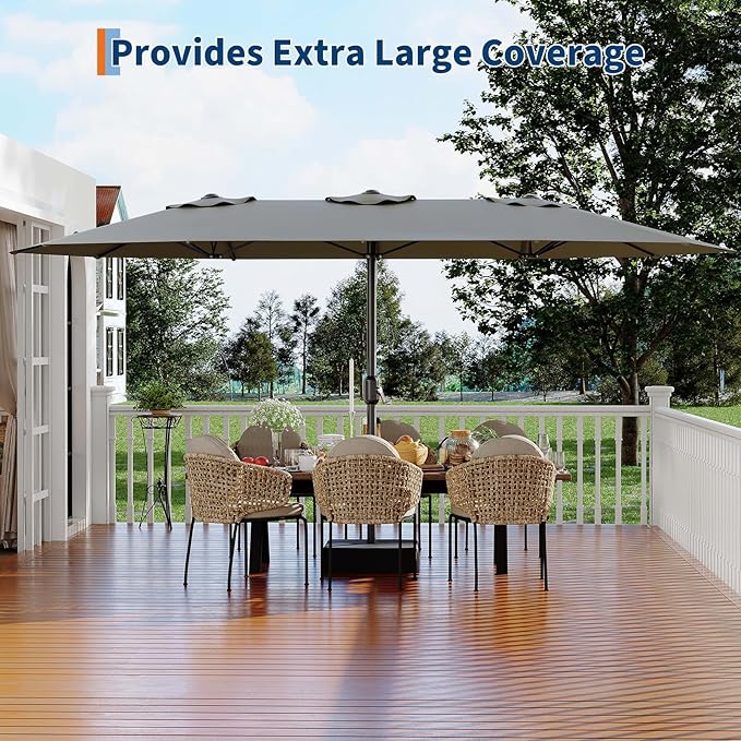 KYBOLT 15 Ft Large Patio Umbrella with Base Included, Outdoor Double-Sided Rectangle Umbrella with Crank Handle, Outdoor Umbrella for Backyard, Pool, Patio,