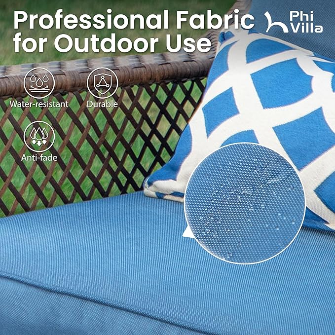 PHI VILLA Oversized Outdoor Wicker Patio Furniture Set 3 Piece, 2 Rattan Swivel Rocker Patio Chairs Large Oversized Deep Seating Group with Navy Blue Cushions & Side Table